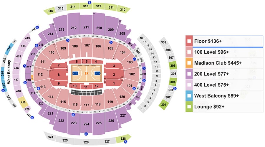 Plan du Madison Square Garden avec prix des places pour voir un match de basket