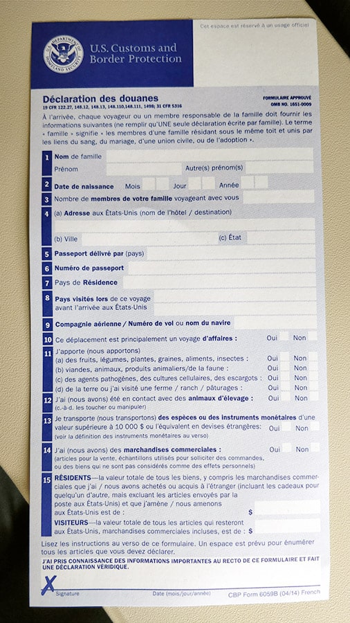 USA déclaration des douanes recto